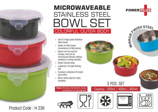 H236 3pcs Microwaveable Stainless Steel Bowl set