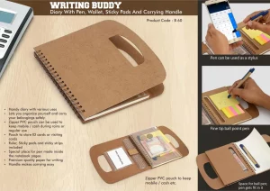B60 ? Writing buddy: Diary with pen, wallet, sticky pads and carrying handle (60 sheets)