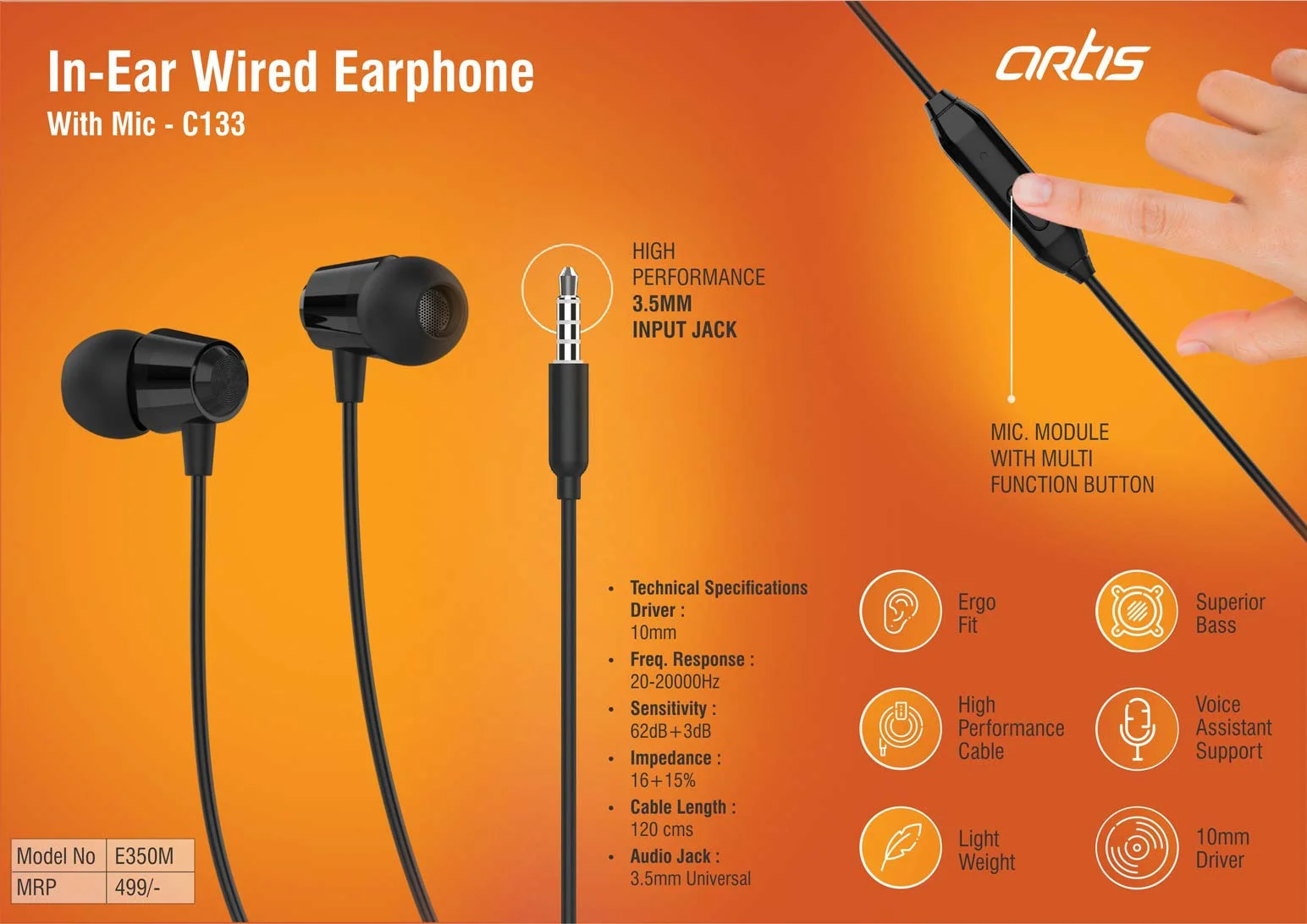 C133 Artis In-Ear Wired Earphone With Mic (E350M)