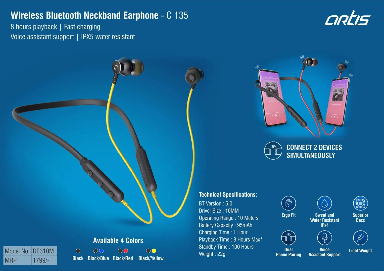 C135 Artis Wireless Bluetooth Neckband Earphone (BE310M)