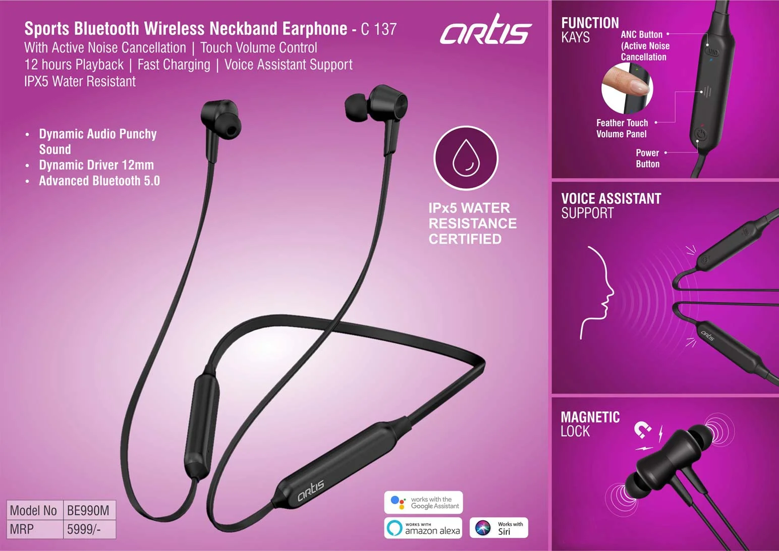 C137 Artis Sports Bluetooth Wireless Neckband Earphone (BE990M)