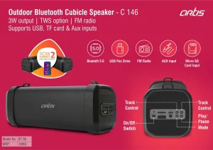 C146 ? Artis Outdoor Bluetooth Cubicle speaker | 3W output | TWS option | FM radio | Supports USB, TF card & Aux inputs (BT90) (MRP 1699)
