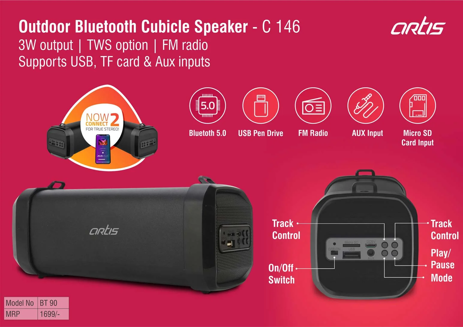 C146 ? Artis Outdoor Bluetooth Cubicle speaker | 3W output | TWS option | FM radio | Supports USB, TF card & Aux inputs (BT90) (MRP 1699)