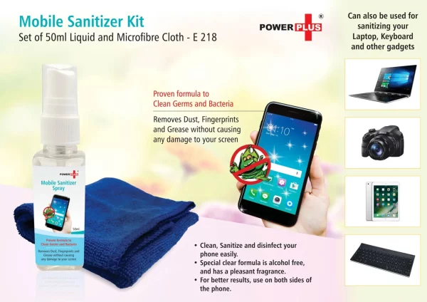 E218 ? Power Plus Mobile sanitizer kit (Set of 50ml liquid and microfibre cloth)