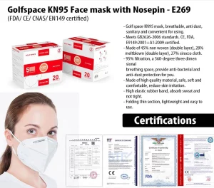 E269 ? Golfspace KN95 Face mask with Nosepin (FDA/ CE/ CNAS/ EN149 certified) | Certificate inside | 20pc box