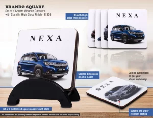 E308 ? Brando Square: Set of 4 Square Wooden coasters with Stand in High Gloss Finish | MOQ 100 pcs