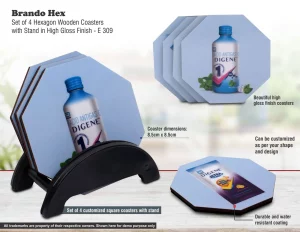 E309 ? Brando Hex: Set of 4 Hexagon Wooden coasters with Stand in High Gloss Finish | MOQ 100 pcs