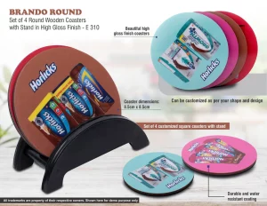 E310 ? Brando Round: Set of 4 Round Wooden coasters with Stand in High Gloss Finish | MOQ 100 pcs