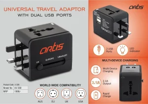 E326 ? Artis Universal travel adaptor with Dual USB ports (UV200) (MRP 1999)