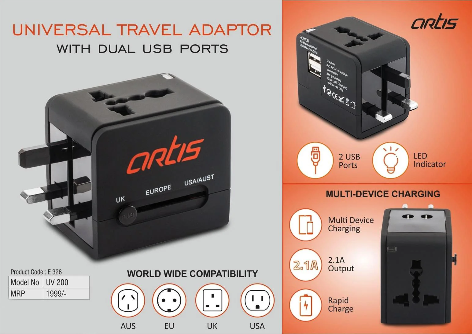 E326 ? Artis Universal travel adaptor with Dual USB ports (UV200) (MRP 1999)