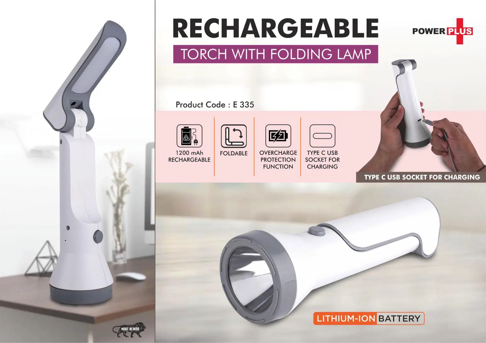 E335 ? Rechargeable Torch with Folding Lamp | 1200 mAh rechargeable battery | Type C charging port