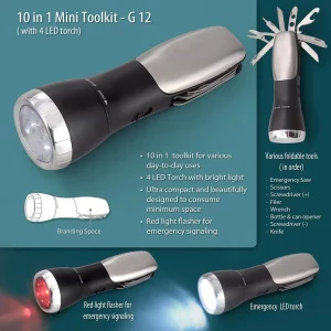 G12 ? Mini emergency trekking toolkit (10 function with 5 mode torch & 2 mode flasher)