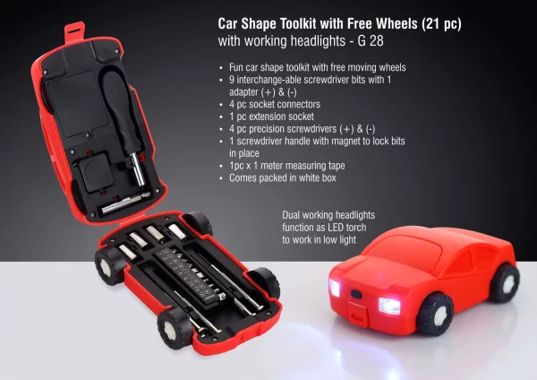 G28 ? Car shape toolkit with free wheels (21 pc) | with working headlights