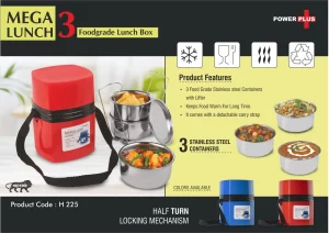 H225  Mega Steel Lunch Box- 3 Stainless Steel