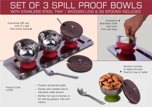 H258  Set of 3 Spill Proof Bowls with Stainless Steel Tray
