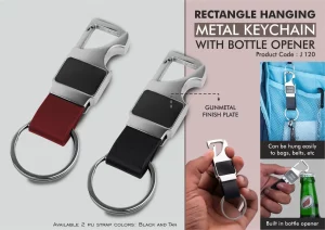 J120  Rectangle hanging metal keychain with Bottle Opener & PU strap