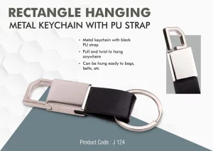 J124  Rectangle hanging metal keychain with PU strap