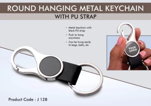 J128  Round hanging metal keychain with PU strap