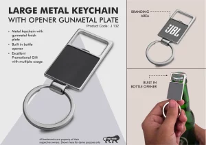 J132  Large metal keychain with opener | Gunmetal plate