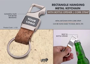 J133  Rectangle hanging metal keychain with Bottle Opener | Cork strap
