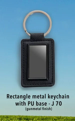 J70  Rectangle metal keychain with PU base (gunmetal finish)