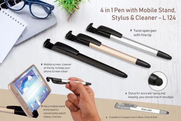 L124  4 in 1 Pen with Mobile Stand, Stylus and Cleaner